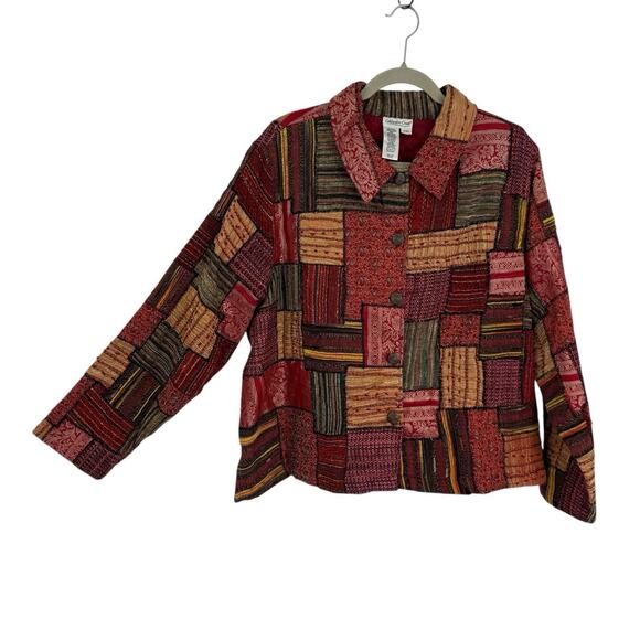 Coldwater Creek XXL Blazer Jacket Red Patchwork Jacquard boxy Button Up - Picture 1 of 15